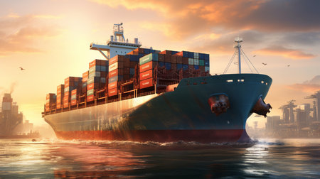 Container Cargo freight ship with working crane bridge for Logistic Import Export background.の写真素材