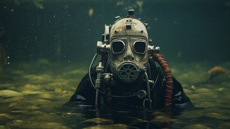 Scuba diver in deep water. Underwater photo of a diver.の写真素材