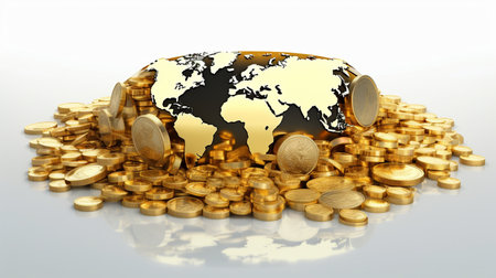 Gold world map and coins on white background. 3D illustration.の写真素材