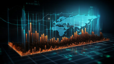 3d rendering of stock market graph and world map over dark backgroundの写真素材