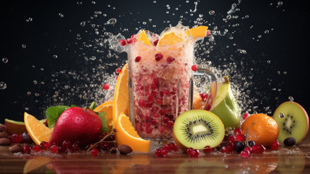 Fruit cocktail with splashes of water on a black background.の写真素材