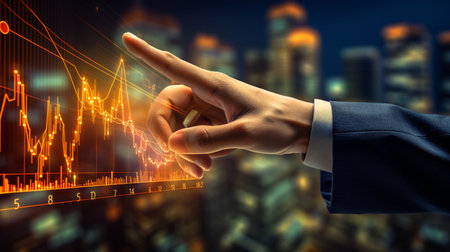 Close up of businessman hand touching icon of media screen. Mixed mediaの写真素材