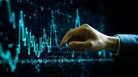 Close up of businessman hand touching with finger virtual panel with forex chartの写真素材