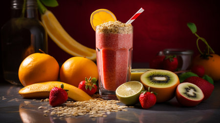 Healthy smoothie with banana, kiwi, orange and strawberryの写真素材