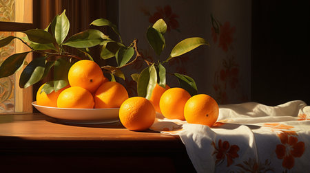 Still life with oranges and leaves on a wooden table in the sunlightの写真素材