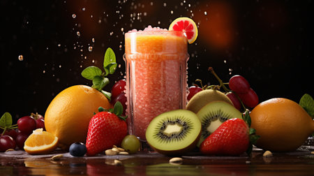 Fruit and berry smoothie with splashes on dark backgroundの写真素材