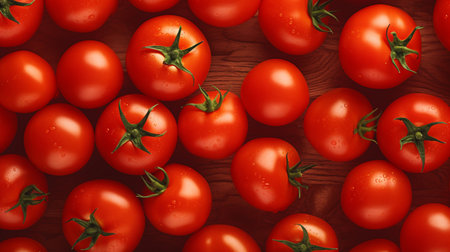 Top view of fresh red tomatoes on wooden background. Flat lay.の写真素材
