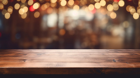 Empty wooden table and bokeh lights background. product display templateの写真素材