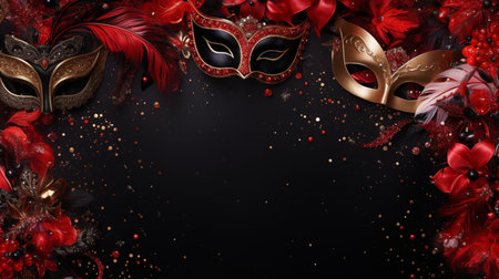 Mardi gras background with carnival masks and red feathers.の写真素材