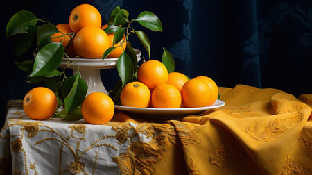 Oranges in a vase on a table with yellow cloth.の写真素材