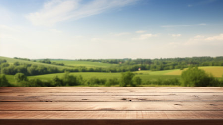 Wooden table against view of a beautiful landscape during a sunny dayの写真素材