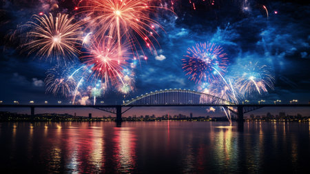 Colorful fireworks of various colors over the river and the bridge at nightの写真素材