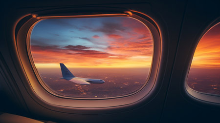 View from the window of a passenger plane during flight at sunset.の写真素材