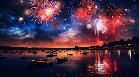 Colorful fireworks over the lake with boats and fireworks reflected in waterの写真素材