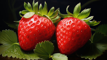 Strawberries with leaves on a dark background, close-upの写真素材