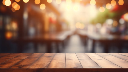Empty wooden table and Coffee shop blur background with bokeh image.の写真素材