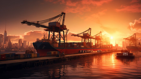 Container Cargo freight ship with working crane bridge at sunset for Logistic Import Export...