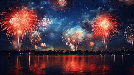 Colorful fireworks of various colors over night sky with reflection on water