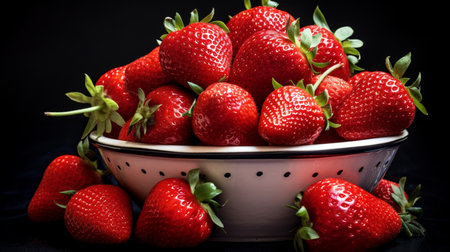 Strawberries in a colander on a black background. Toned.の写真素材