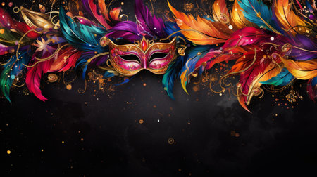 Colorful carnival mask with feathers on black background. Vector illustration.の写真素材