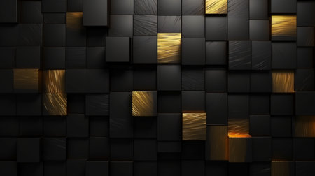 3d rendering of abstract background with geometric shapes in black and gold colorsの写真素材