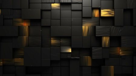 3d illustration of abstract geometric background made of black and golden cubesの写真素材