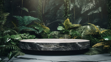 Black marble pedestal in tropical jungle. 3D Rendering.の素材