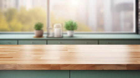 Empty wooden table in front of blurred kitchen interior. Mock up, 3D Renderingの素材