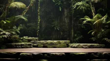3d rendering of a stage in a tropical forest with palm treesの素材