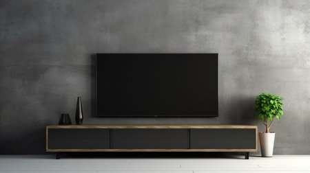 TV cabinet in modern living room with black wall and wooden floor. 3d renderingの素材
