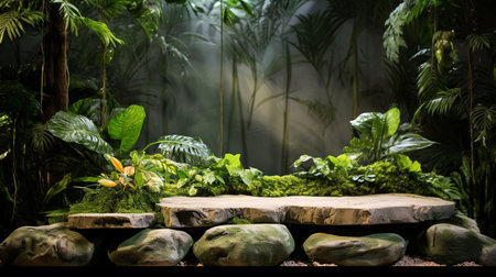 3D rendering of a tropical garden with a stone platform and plantsの素材