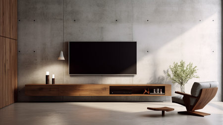 Interior of modern living room with concrete walls, concrete floor, wooden brown armchair and TV. 3d renderingの素材