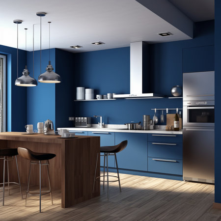 3d rendering blue modern kitchen in a house with a beautiful designの素材