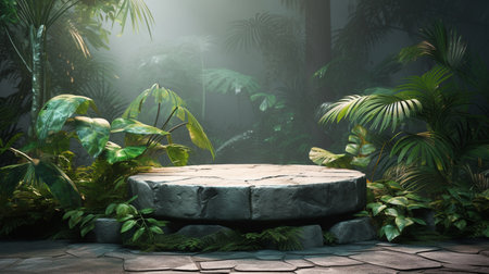 3d rendering of empty marble stage background in green tropical garden.の素材