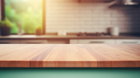 Empty wooden table in kitchen interior. Mock up, 3D Renderingの素材