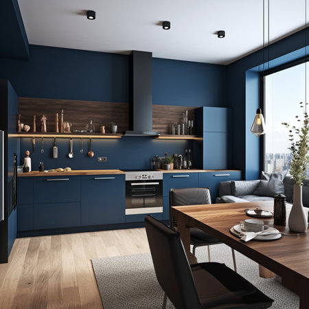 Interior of modern kitchen with blue walls, wooden floor, blue cupboards and wooden countertops. 3d renderingの素材