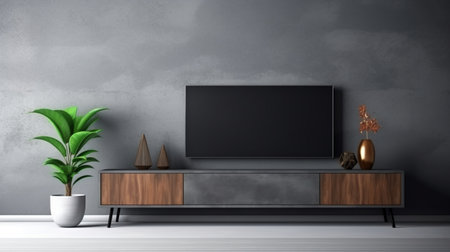 TV cabinet in modern living room with plant. 3D Renderingの素材