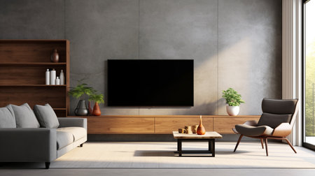 Modern living room interior with furniture and TV on wall. 3D Renderingの素材