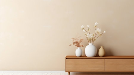 3d render of vase with white flowers on wooden cabinet in roomの素材