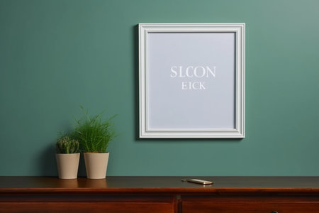 White frame mockup hanging on green wall. 3D rendering.の素材