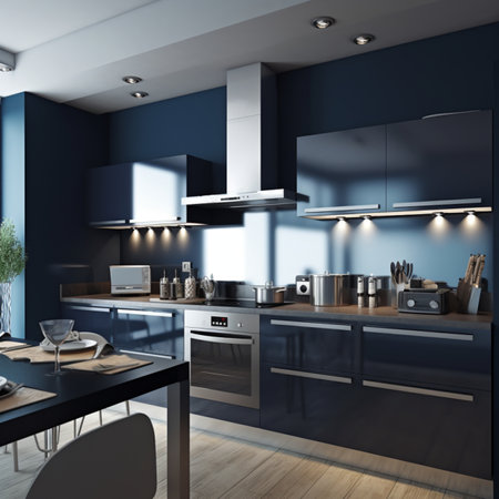 Interior of modern kitchen with blue walls, wooden floor, black countertops with built in sink and cooker. 3d renderingの素材