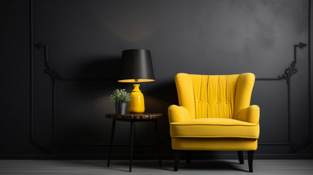 Yellow armchair and lamp in black room. 3D rendering.の素材