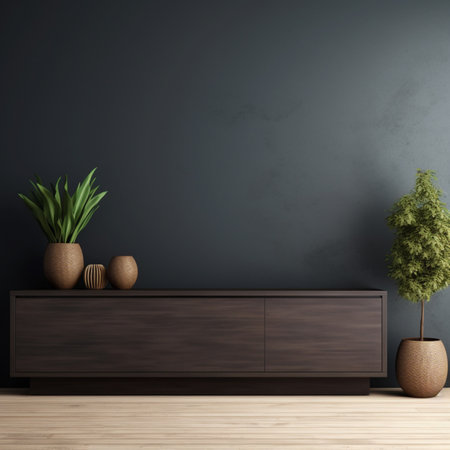 Interior of modern living room with grey walls, wooden floor, dark wooden cabinet and plants. 3d renderの素材