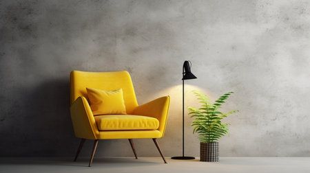 Yellow armchair with lamp and plant on concrete wall background. 3d renderingの素材