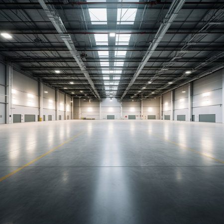 Interior of a warehouse with a lot of empty space, tonedの素材