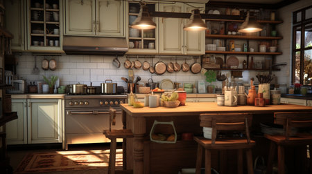 Kitchen interior with furniture and utensils. 3d renderingの素材