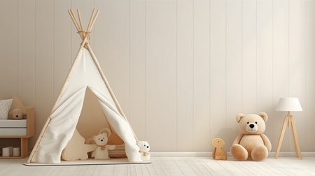 3d rendering of children's room with teepee and teddy bearの素材