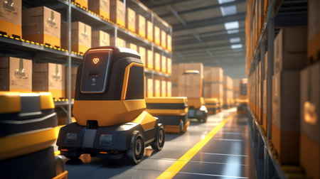 Forklift in warehouse. Logistics and transportation concept. 3D renderingの素材