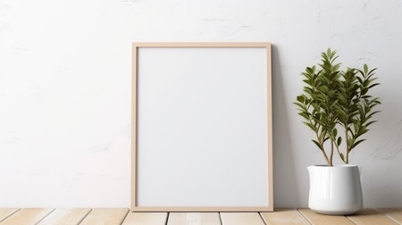 Mock up poster frame and plant on wooden table, 3d renderingの素材