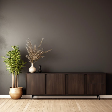 Interior of modern living room with wooden commode, plant in vase and empty wall. 3d renderの素材